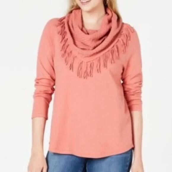 Style & Co Fringed Cowl Neck Sweater Copper Rose Women Petite Large PL Soft Cozy - Picture 2 of 11